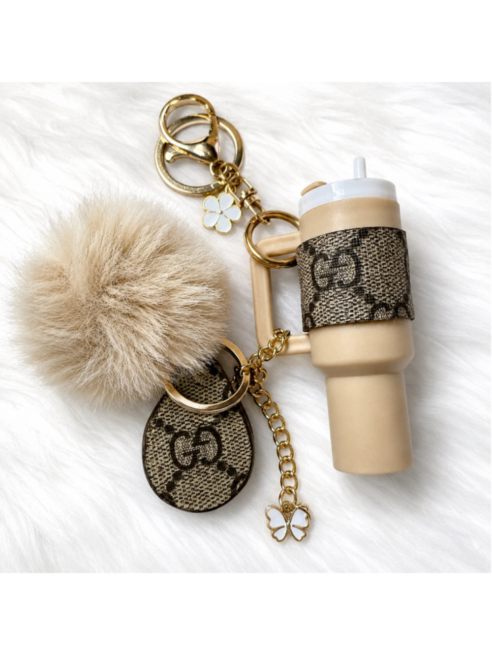 Handcrafted Mini Tumbler Lip Balm Holder Keychain w/ Authentic Gucci Canvas & Po